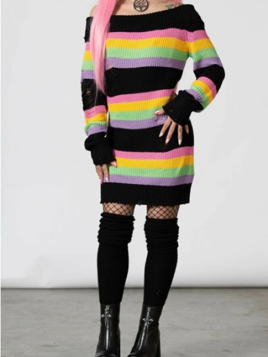 Killstar Dresses & Skirts - Killstar Good Vibes Knit Sweater Dress Rainbow Distressed Off Shoulder NWT XXL